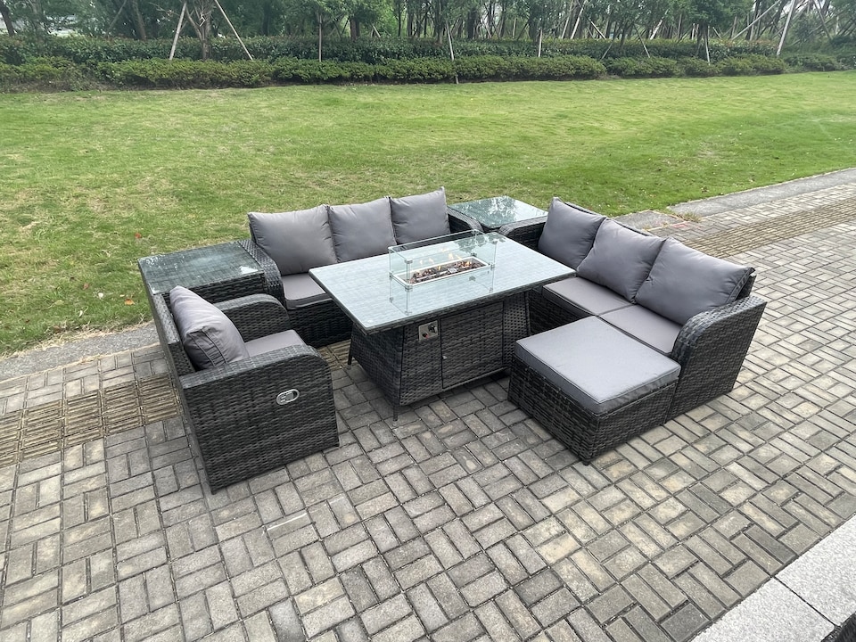 image 1 of Fimous Rattan Outdoor Furniture Gas Fire Pit Rectangle Dining Table Gas Heater Reclining Chair 3 Seater Sofa Sets with Big Footstool 2 Side Tables 8 Seater