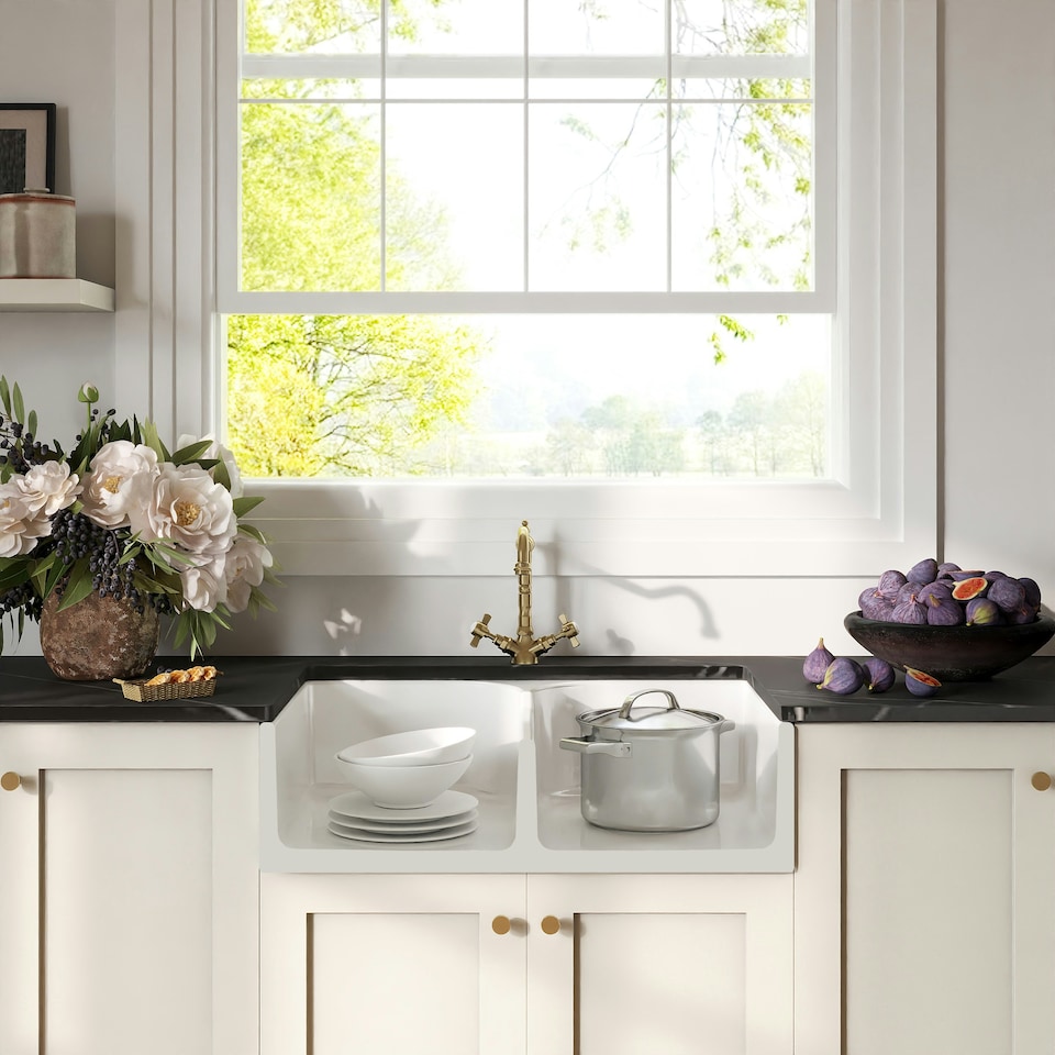 image 1 of Fireclay Kitchen Bundle - Double Bowl Stepped Weir Butler Sink, Wastes & French Classic Tap, 795mm - Brushed Brass - Balterley