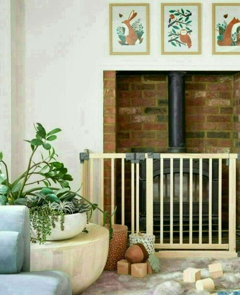 image 1 of Safetots Wooden Multi Panel Fire Surround, 68cm Deep x 200cm Wide, Natural Wood, 76cm Tall, Baby and Toddler Fire Guard, Safety Barrier for Fireplaces