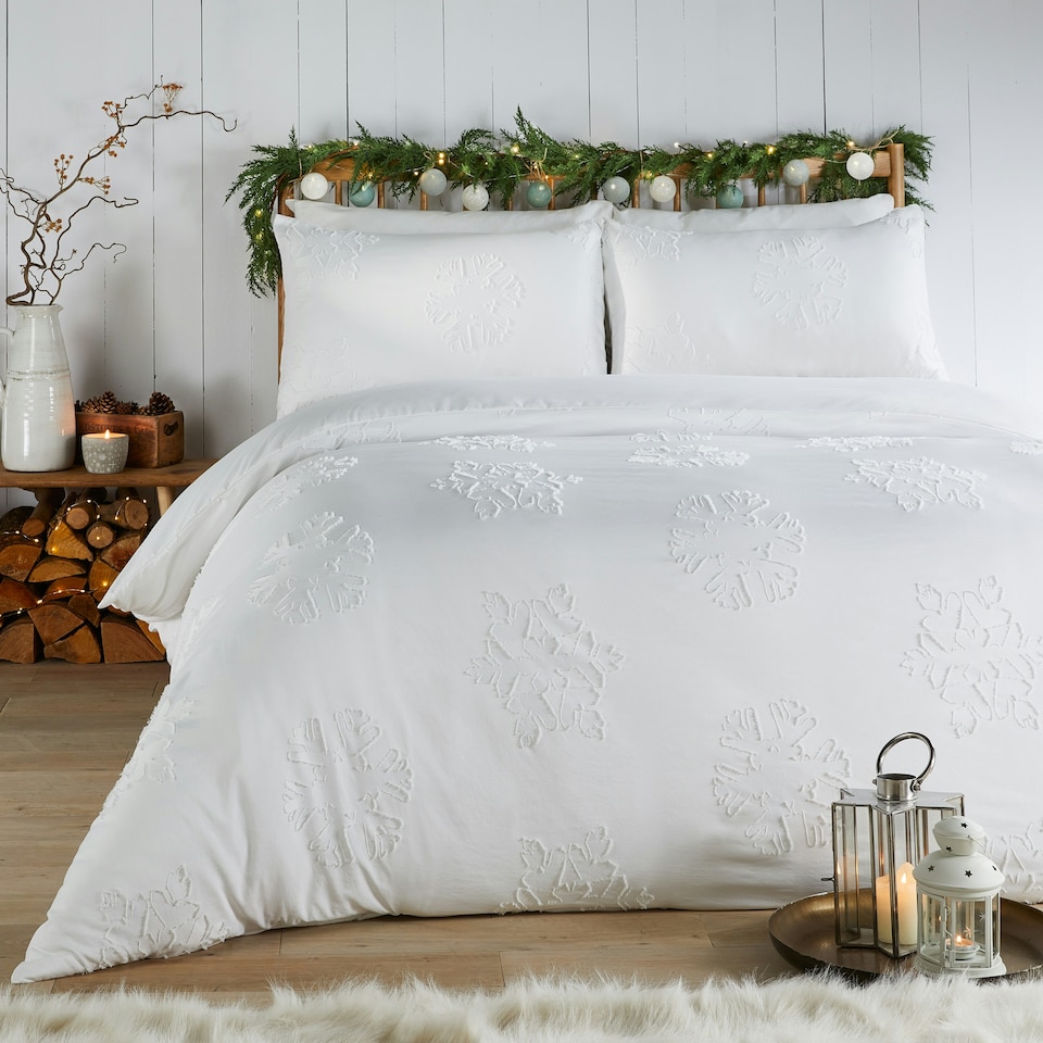 image 1 of Duvet Day Snow Crystal Tufted Soft Touch Super King Duvet Set | White | Super King | 1