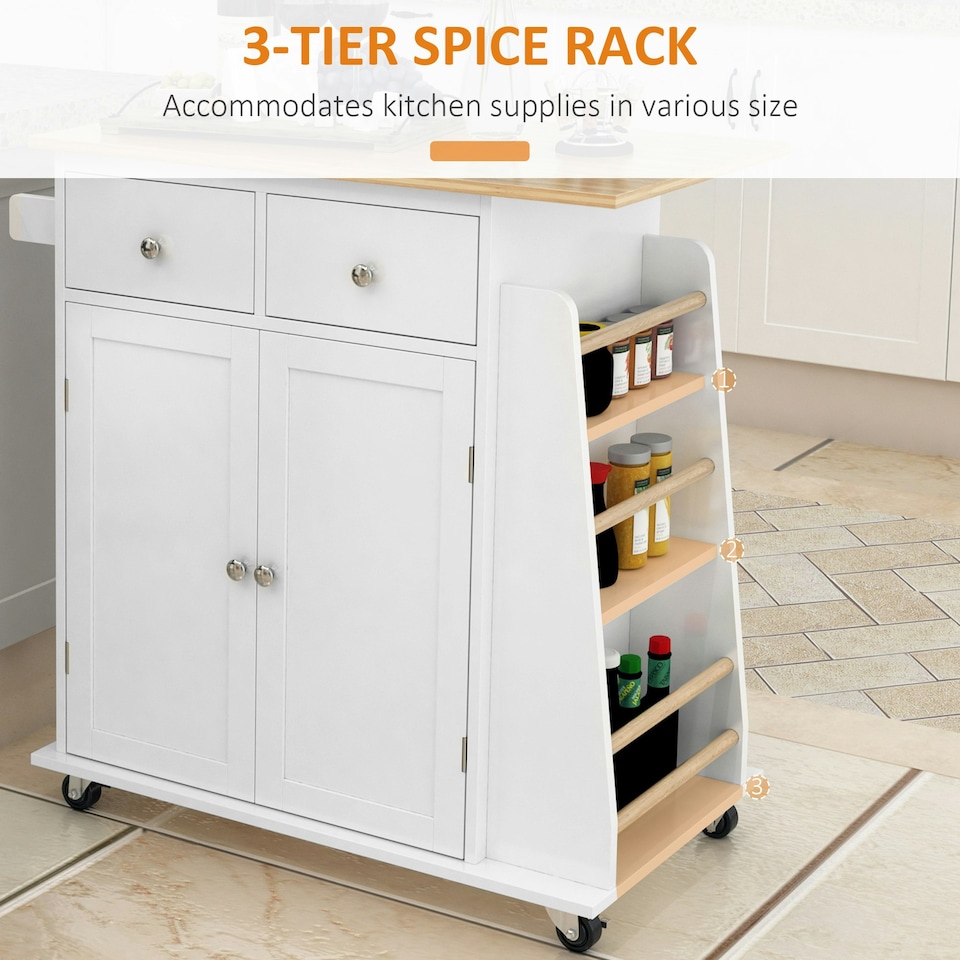 image 1 of Kitchen Island Storage Cabinet Rolling Trolley with Wood Top, 3-Tier Spice Rack