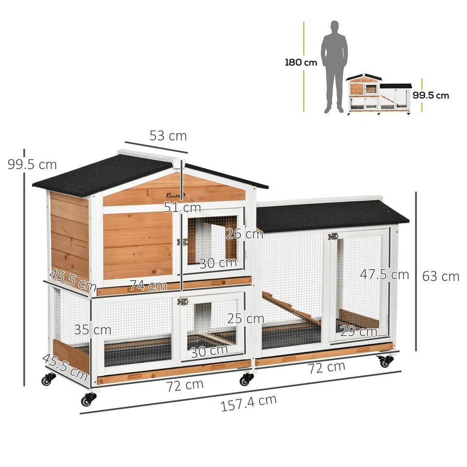 image 1 of PawHut Rabbit Hutch, Bunny Cage Outdoor 2-Tier w/ Wheels & Tray, Yellow