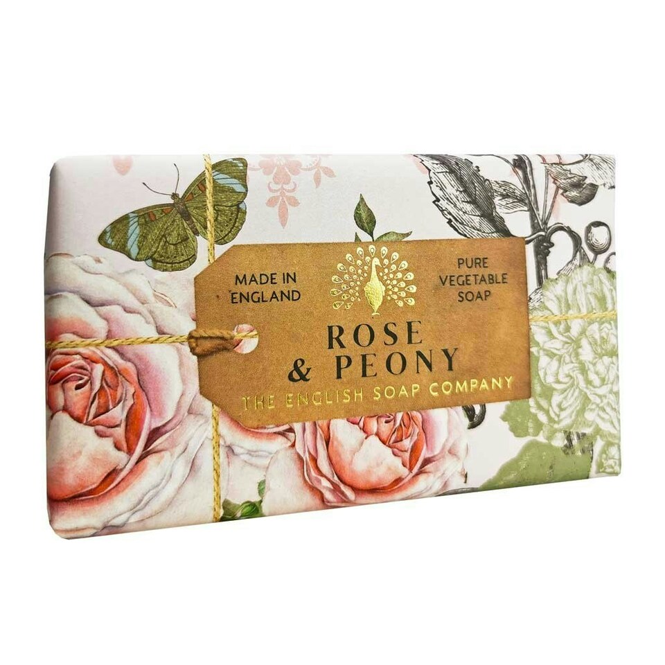 image 1 of The English Soap Company Anniversary Wrapped Soap Bar, Floral Scented Shea Butter Soap, Moisturising Soap Bar for Body, Rose and Peony Scent 190g