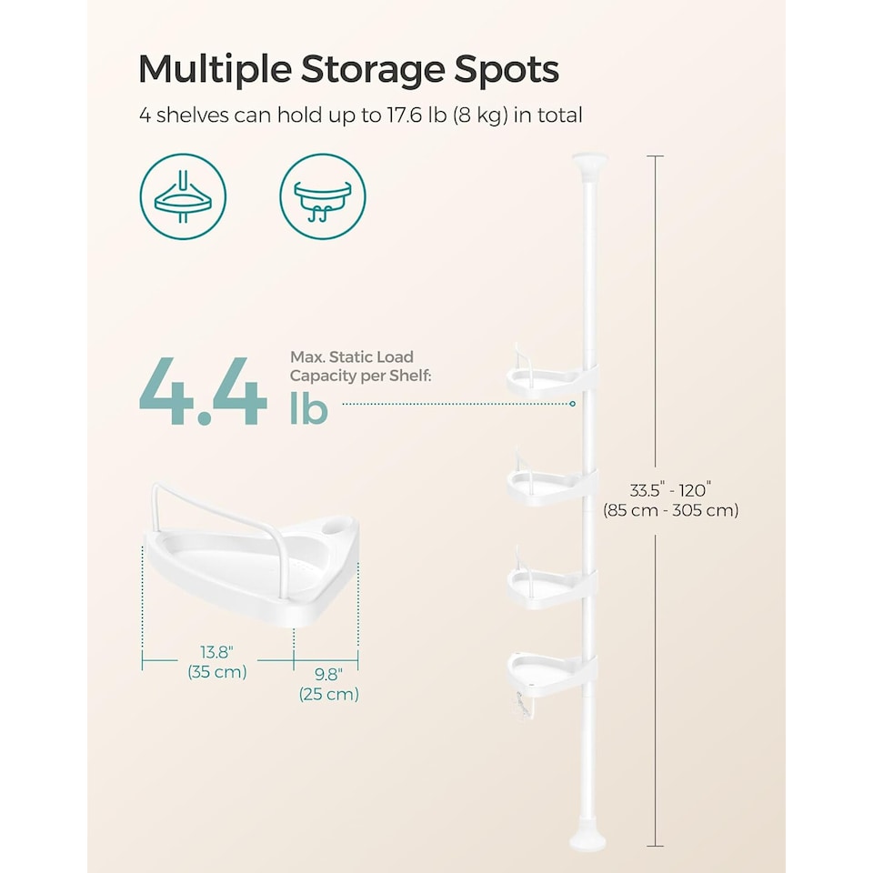 image 1 of Adjustable 4-Tier Corner Storage Organizer with Extension Rod, Rust-Resistant Bathroom Shower Shelf Rack, White