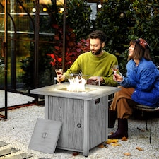 Outsunny Propane Gas Fire Pit Table for Garden, 40000 BTU Smokeless Firepit Outdoor Patio Heater with Waterproof Cover, Glass Screen, Glass Beads and Lid, Wood Effect, 71 x 71 x 63cm, Grey