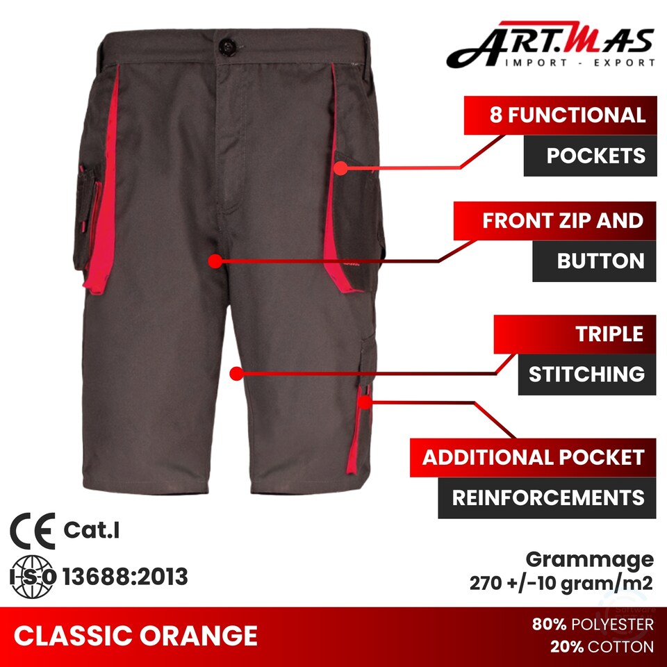 image 1 of Classic Red Work Shorts Durable Poly Cotton Canvas Triple Stitching Multi Pockets CE Certified 30 32 Inch 48 EU