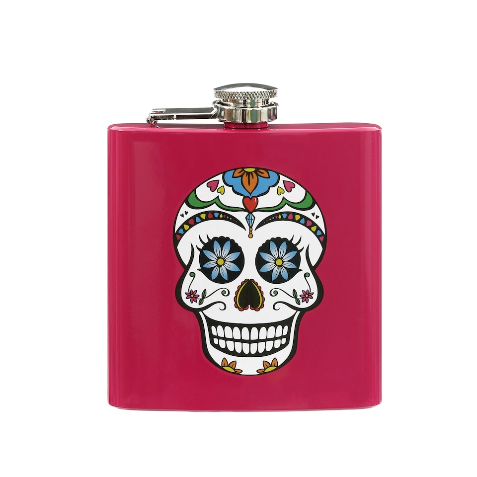 image 1 of Interiors by Premier Pink Hip Flask With Skull Design, 5oz Stainless Steel Flask With Fun Printed Graphic, Screw Cap