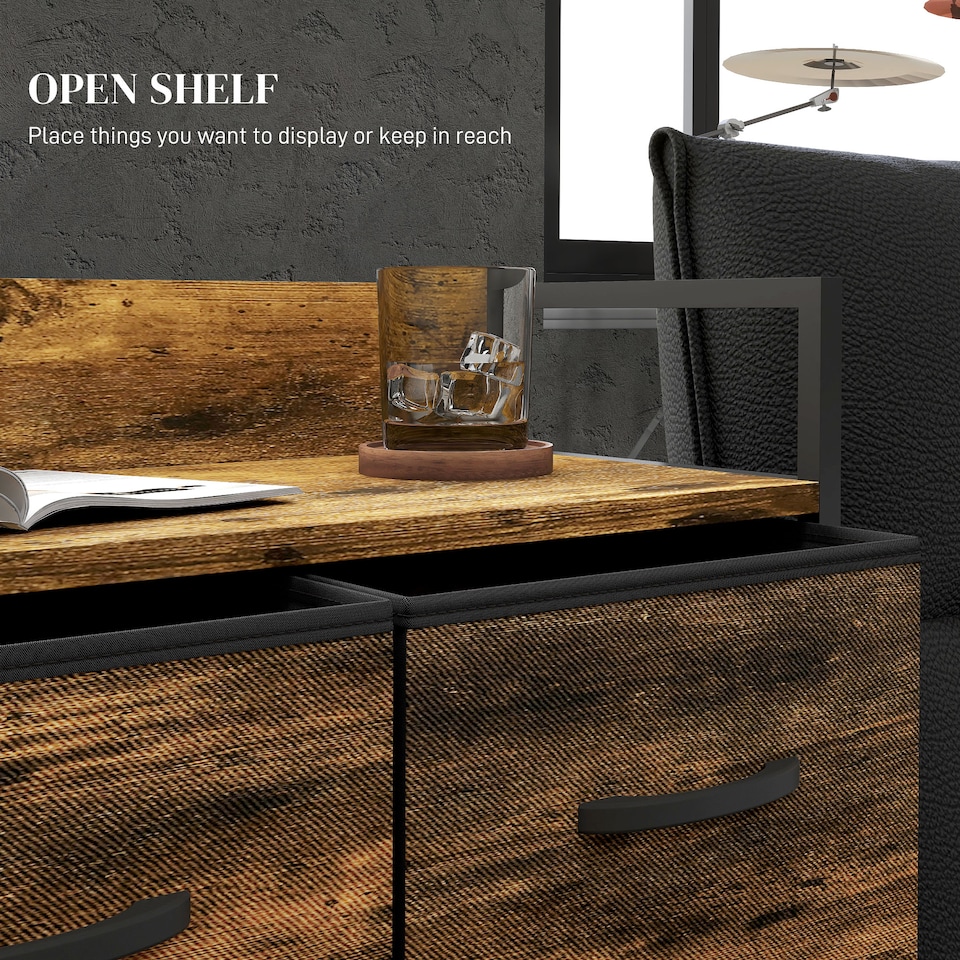 image 1 of HOMCOM Bedroom Chest of Drawers, Fabric Dresser with 4 Drawers, Storage Organiser Unit with Open Shelf and Metal Frame for Living Room, Entryway, Rustic Brown