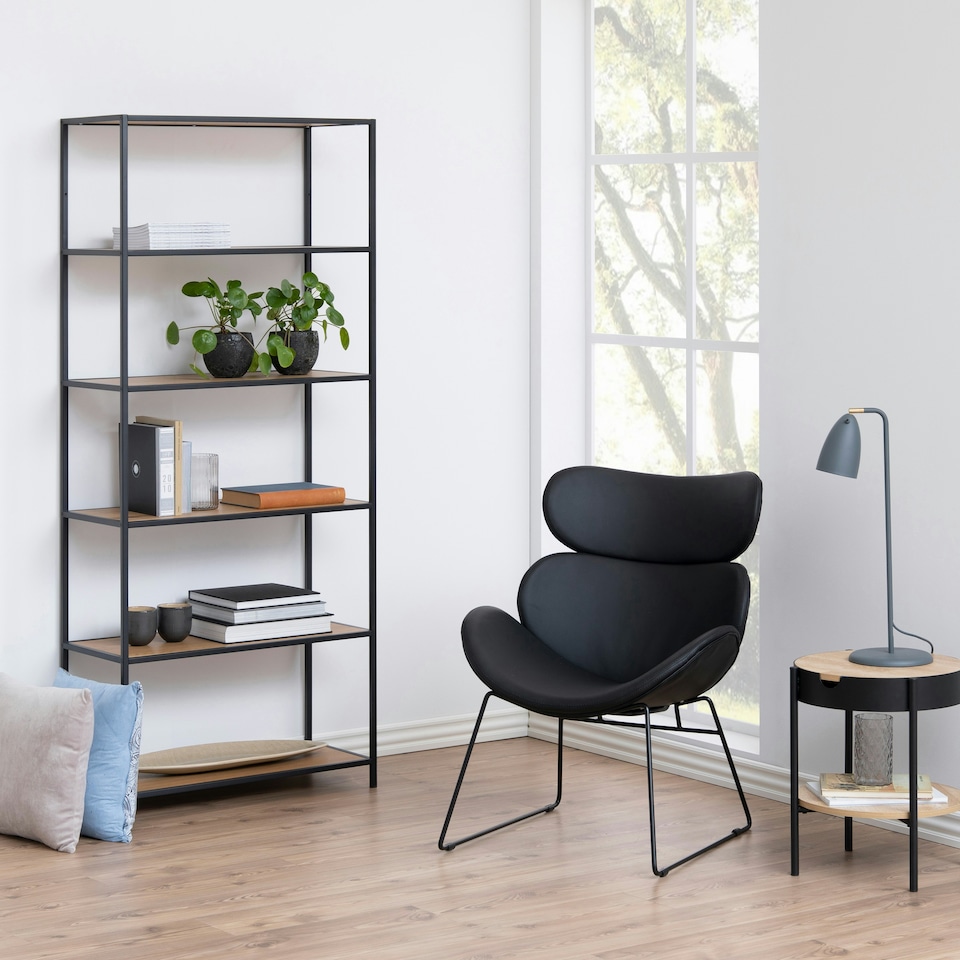 image 1 of Seaford Tall Black Metal Bookcase with 5 Shelves in Oak