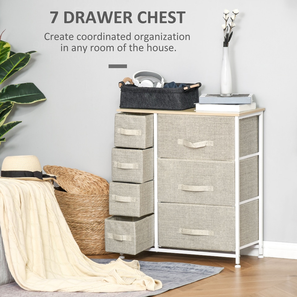 image 1 of HOMCOM Chest of Drawers with 7 Drawers, Fabric Drawers with Large Storage Space, Drawers Dresser with Metal Frame, Adjustable Feet for Bedroom Living Room, Light Grey
