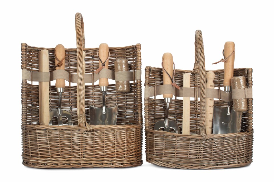 image 1 of Set of 2 Garden Basket Antique Wash Deluxe Trug Tool Basket | Brown | Brown | Set of 2