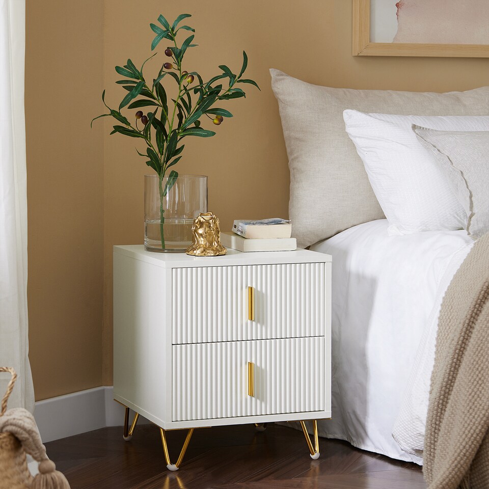 image 1 of SoBuy FBT115-W,2-Drawer Bedside Table Nightstand with Gold Handles | White | White | 1