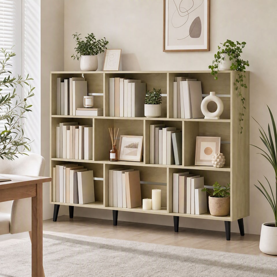 image 1 of HOMCOM 3-Tier Bookshelf with 10 Cubbies, Book Shelf with Wood Legs