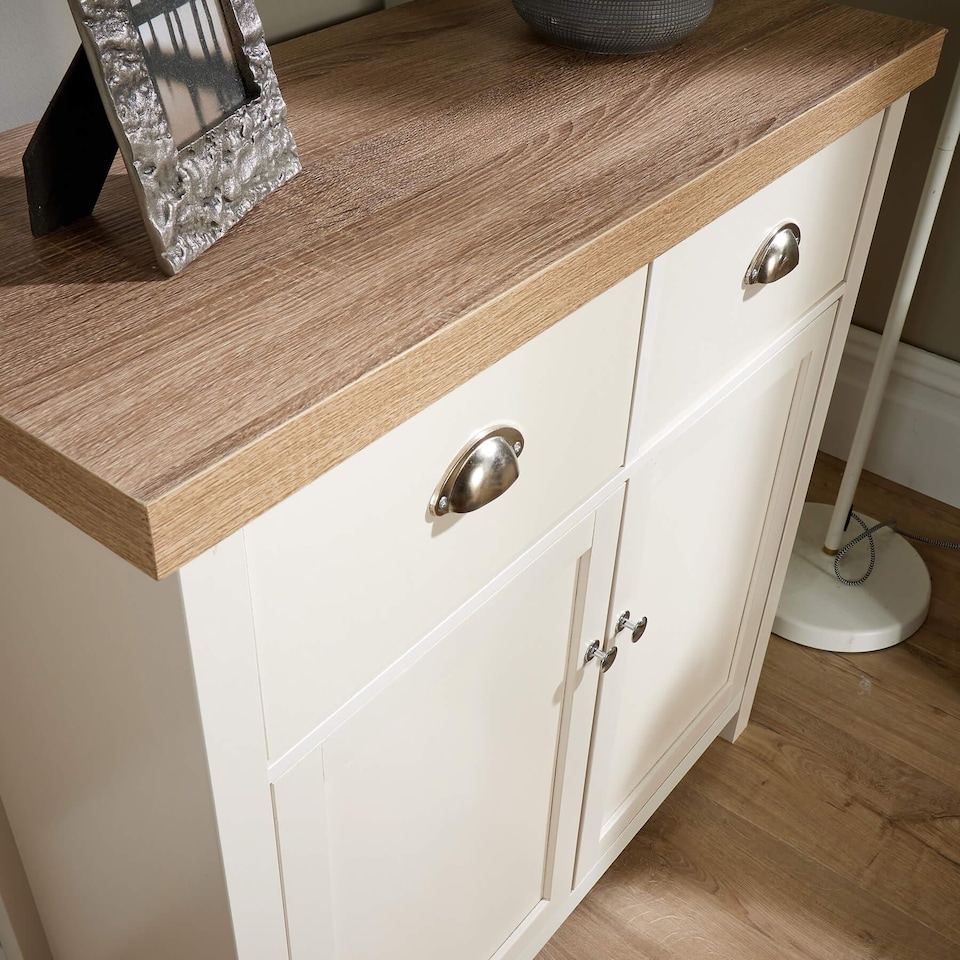 image 1 of Sideboard 2 Door 2 Drawer Storage Cupboard Shelf 36mm Oak Top | White