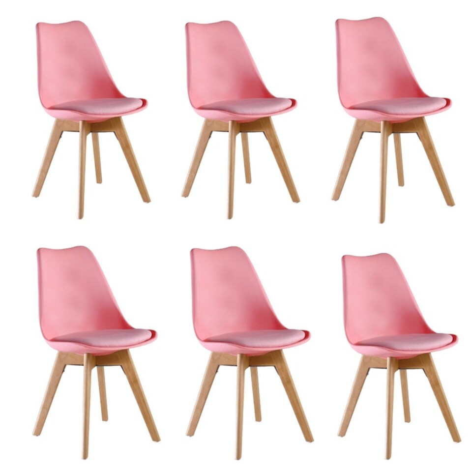 image 1 of Set of 6 Scandinavian Dining Chairs with Leather Cushions Solid Wood Legs Pink
