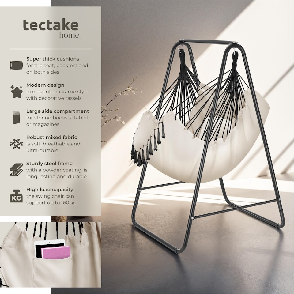 image 1 of Swing Chair Alison - 3 thick pillows, boho style, book pocket and 160kg load capacity | Cream | beige | 1