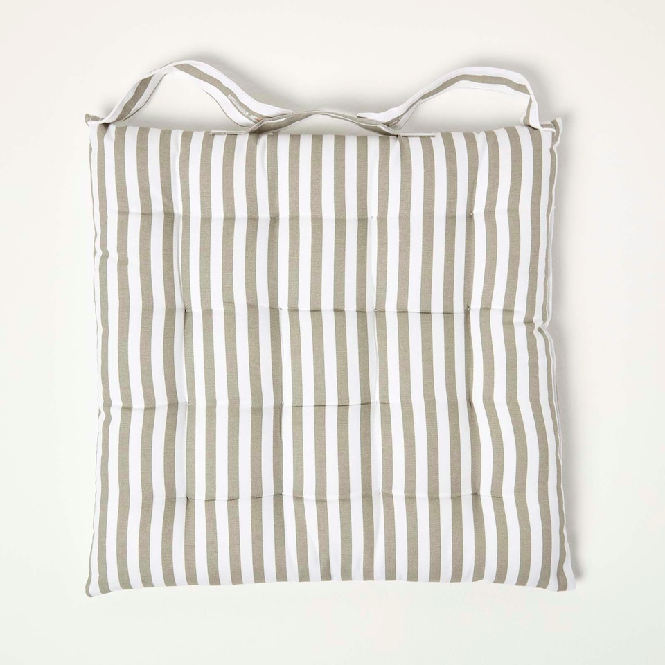 image 1 of Homescapes Grey Stripe Seat Pad with Button Straps 100% Cotton - 40 x 40 cm Grey
