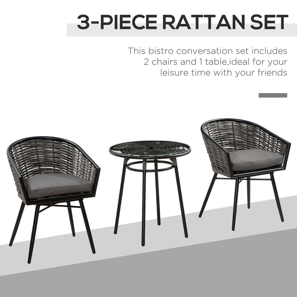 image 1 of Outsunny 3 PCS Patio Resin Wicker Hand Woven Bistro Set 2 Chairs 1 Coffee Table