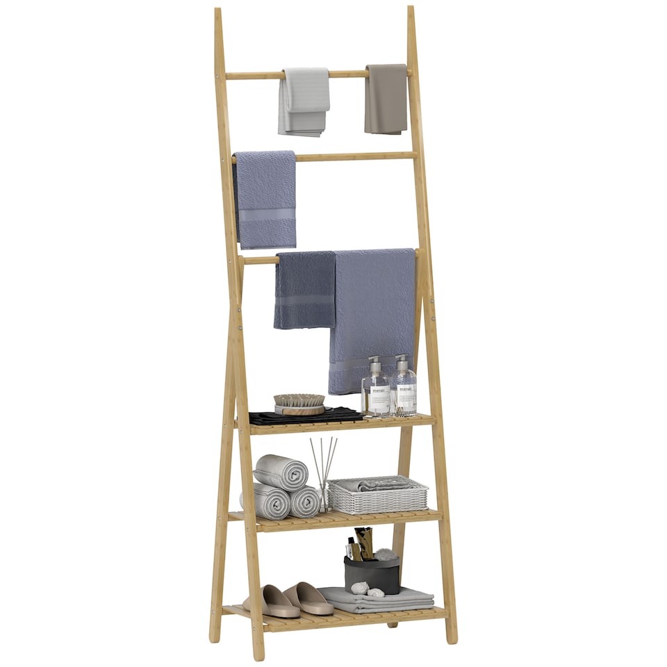 image 1 of HOMCOM Folding Bathroom Storage Shelves, 3-Tier A-Frame Bamboo Storage Shelving Unit with Towel Bars, Freestanding Shelves Rack Organiser for Living Room, Natural