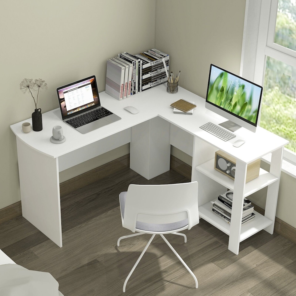 image 1 of COSTWAY L-Shaped Corner Computer Desk Workstation Desk White