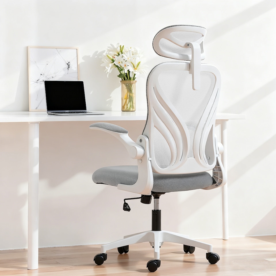 image 1 of HOMCOM Ergonomic Office Chair, High Back Mesh Desk Chair with Foldable Backrest, 2D Headrest, Flip-up Armrest, Lumbar Support, Tilt Function, Swivel Wheels for Home Office, Light Grey