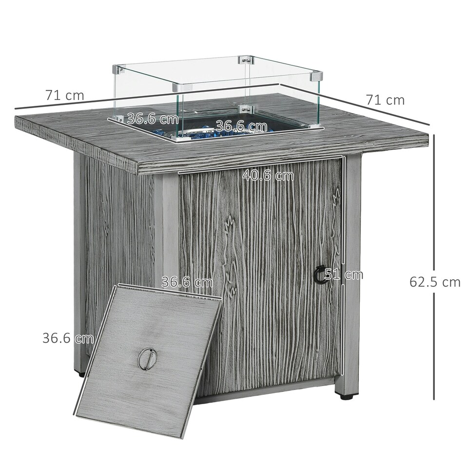 image 1 of Outsunny Propane Gas Fire Pit Table for Garden, 40000 BTU Smokeless Firepit Outdoor Patio Heater with Waterproof Cover, Glass Screen, Glass Beads and Lid, Wood Effect, 71 x 71 x 63cm, Grey