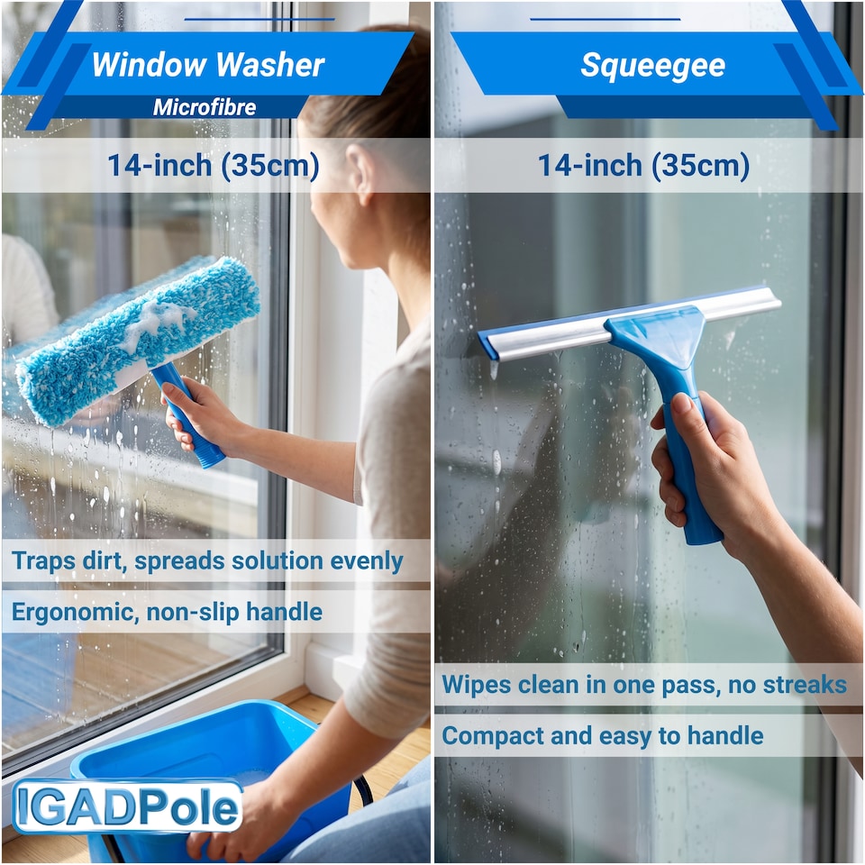 image 1 of IGADPole 12L Window Cleaning Bucket Kit with 14" Squeegee & Microfibre Washer Head + 12x Free Microfibre Cloths