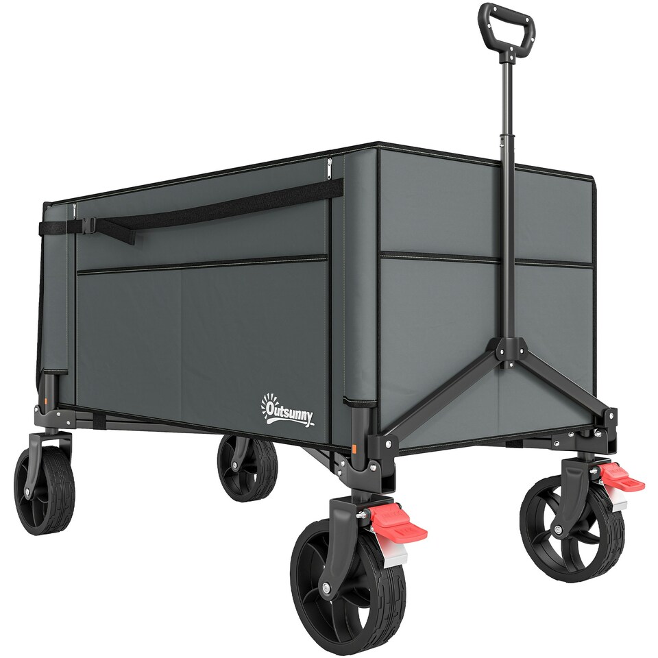 image 1 of Outsunny Folding Trolley on Wheels, Garden Cart with Openable Sides, Grey