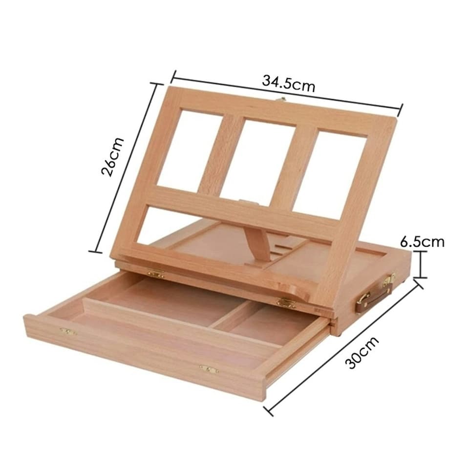 image 1 of Desktop Art Beech Wood Painting Stand Display Easel with Storage 34.5 x 26 x 6.5cm