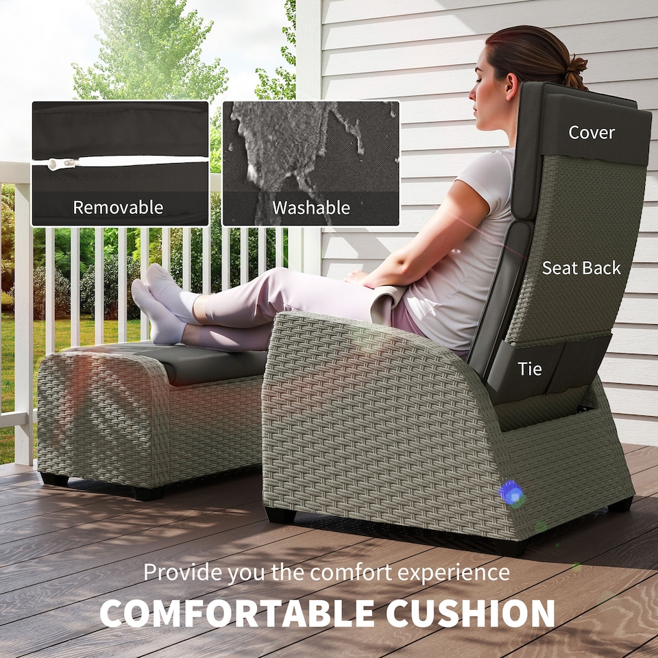 image 1 of Outsunny 5 Piece Rattan Garden Furniture Set, Garden Reclining Rattan Chairs Set of 2 with Wood-Plastic Composite Table, Footstools and Thick Cushions for Balcony, Patio, Charcoal Grey