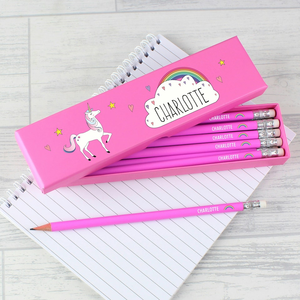 image 1 of Personalised Unicorn Box of 12 Pink HB Pencils