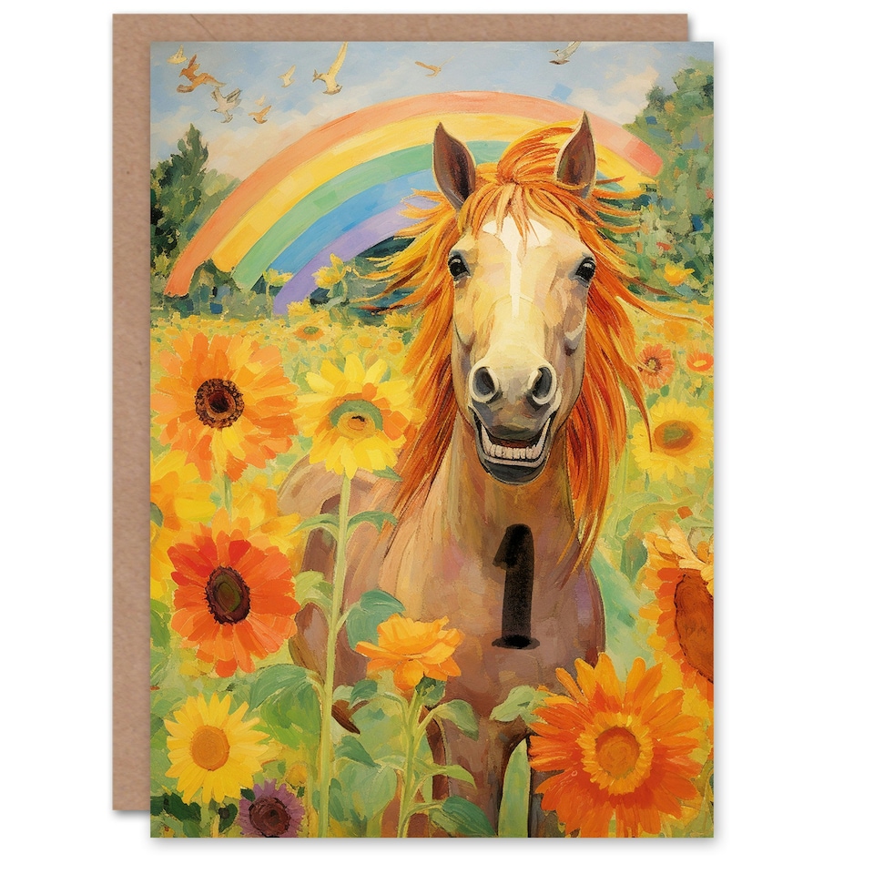 image 1 of Rainbow Sunflowers Kids Age Year 1 Old Horse Child Kids 1st Birthday Card