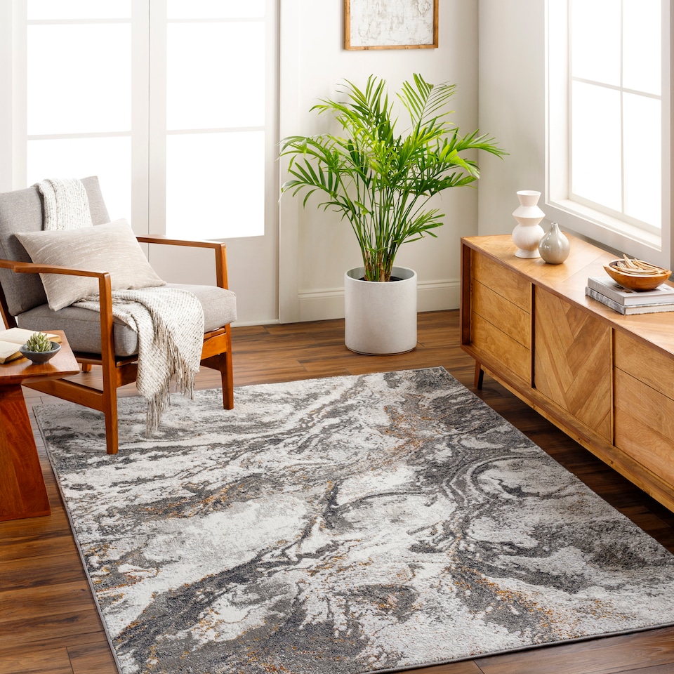 image 1 of LIVABLISS San Francisco-Abstract Modern Marble Rug 120 x 170 cm | Grey Black Orange