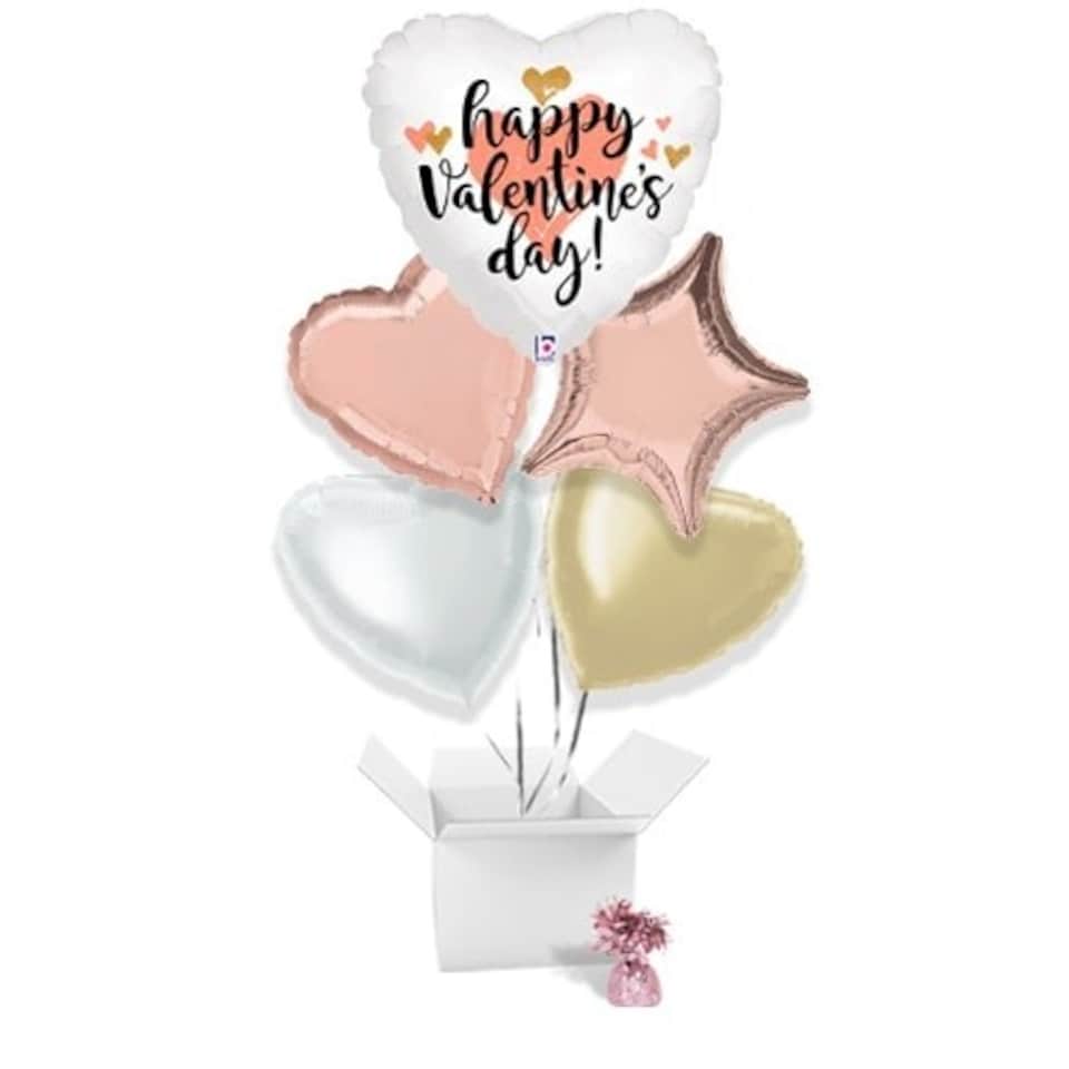 Happy Valentine's Day Rose Gold Balloon Bouquet - 5 Inflated Balloons In A Box