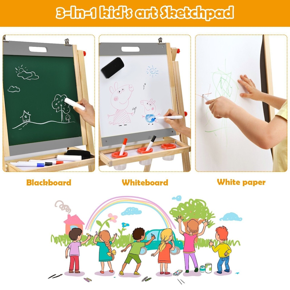 image 1 of COSTWAY 3-in-1 Foldable Kids Easel Kids Wooden Art Easel Double Sided Blackboard Chalks