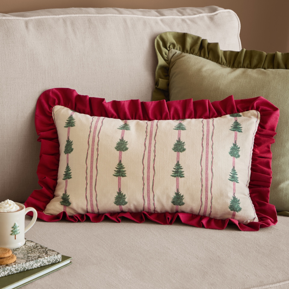 image 1 of Wylder Spruce Stripes Christmas Polyester Filled Cushion, Linen/Dark Red