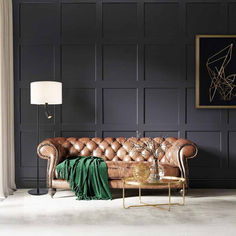 image 1 of Modern Black Floor Light with LED Adjustable Spot Lamp and White Cotton Shade | Black