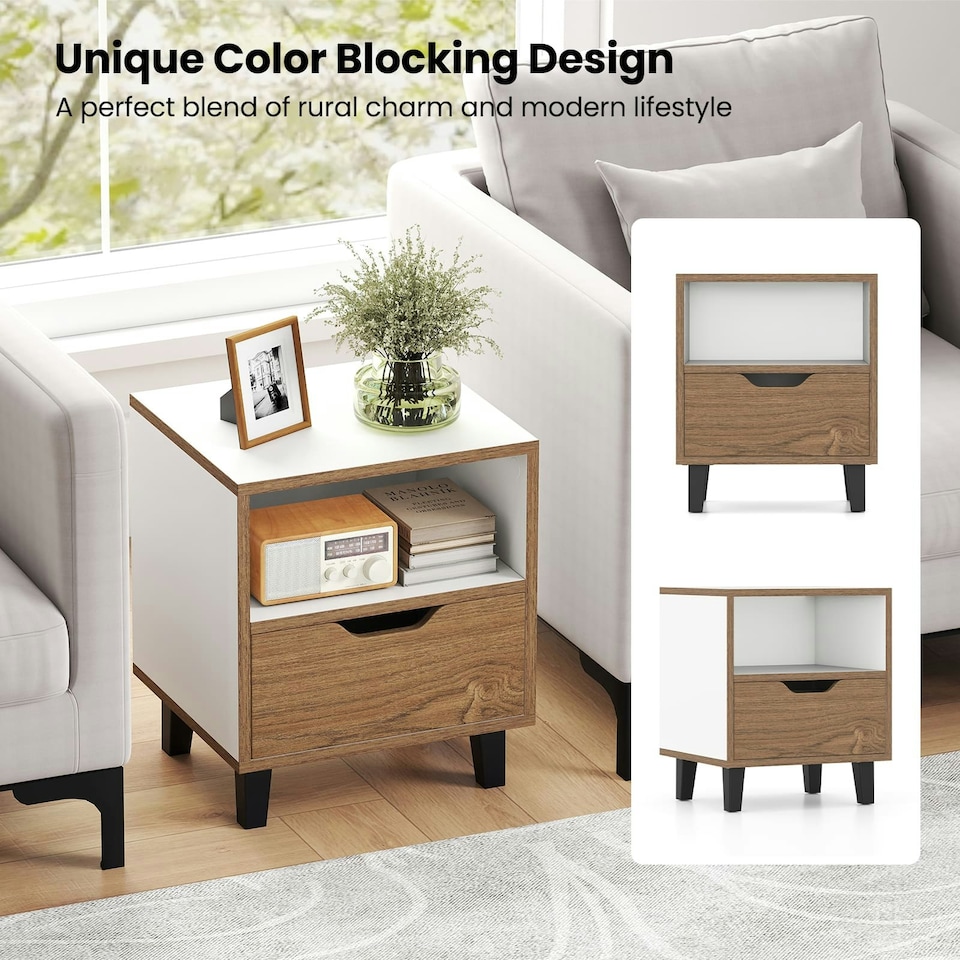 image 1 of COSTWAY 2Pcs Nightstand Bedside Table w/ Shelf White | White
