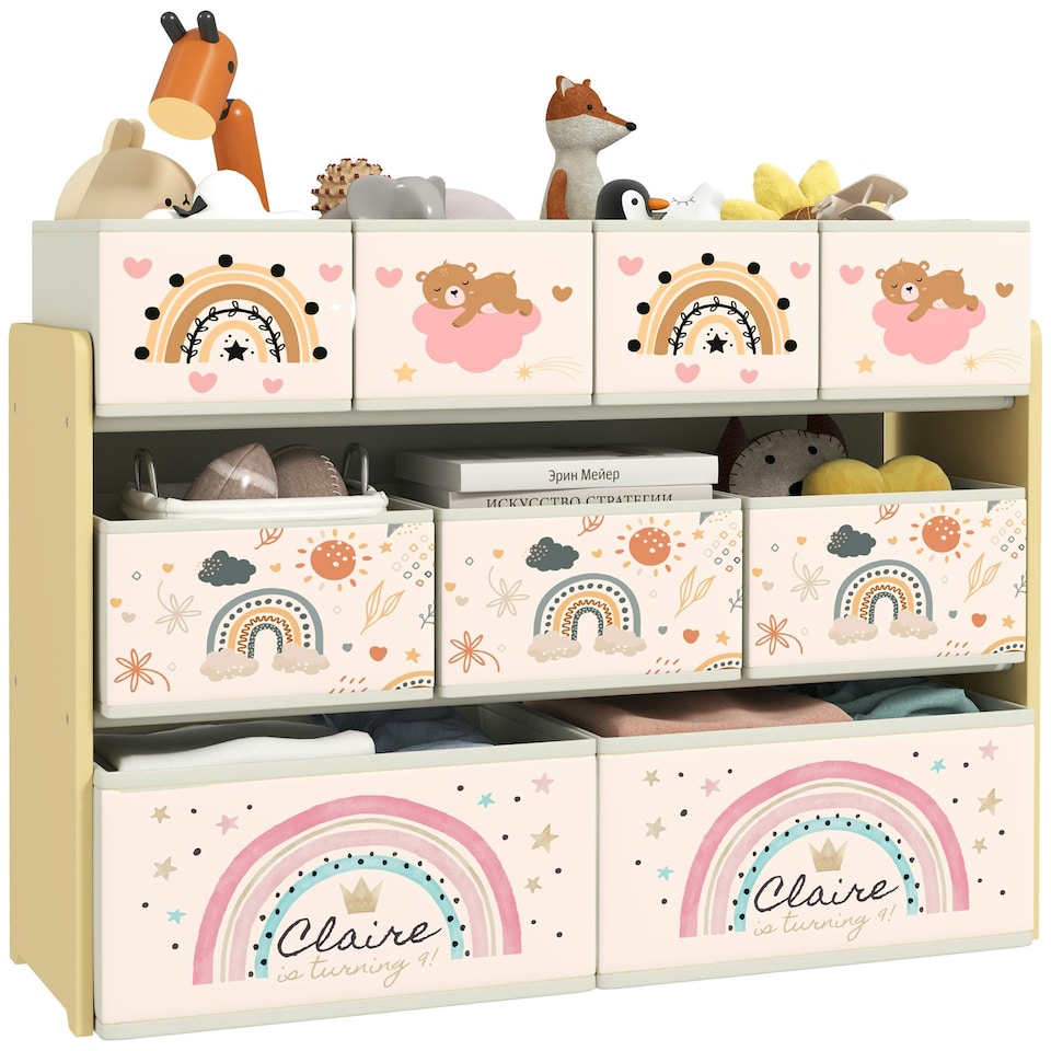 image 1 of AIYAPLAY 3-Tier Toy Organiser Shelf with 9 Storage Boxes for Bedroom Yellow