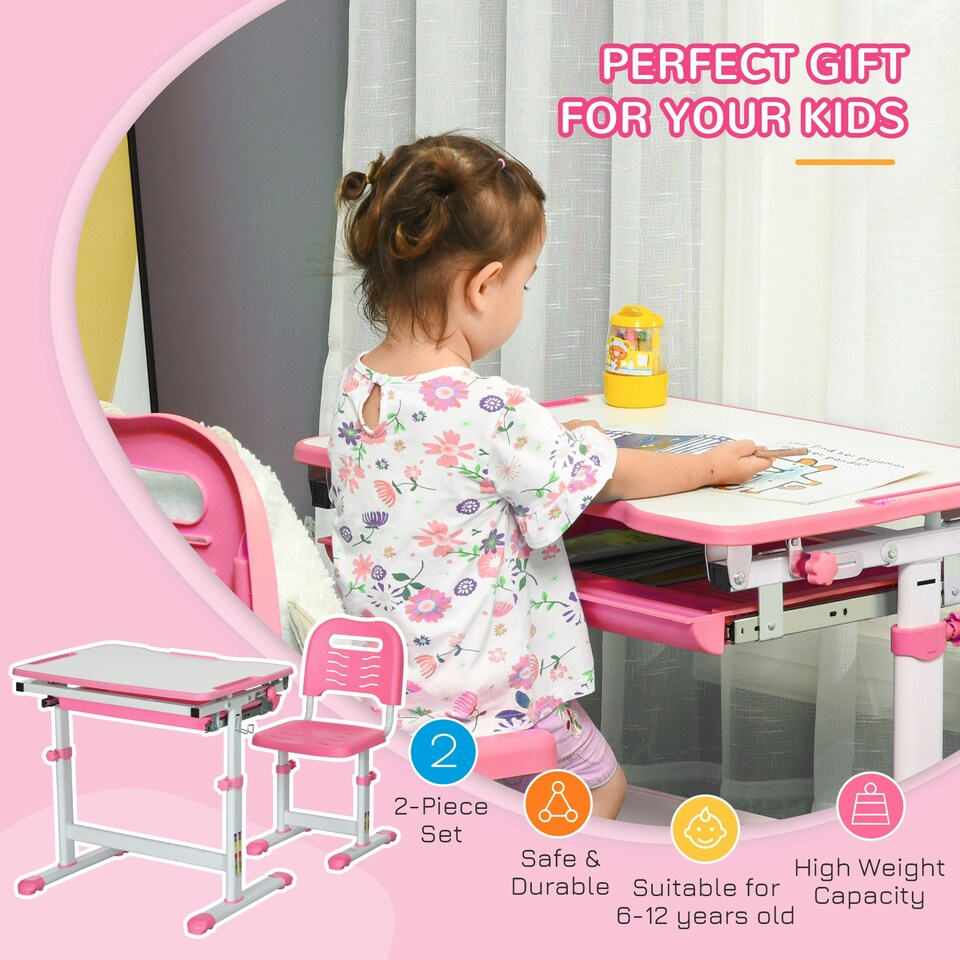 image 1 of HOMCOM Kids Desk and Chair Set w/ Drawer, Pen Slot Hook - Pink Grey