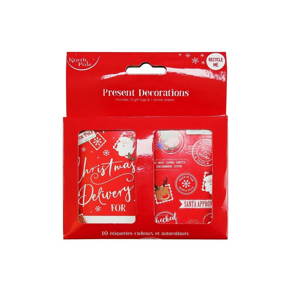 image 1 of Pack of 10 Santa Claus Christmas Red Gift Tags & Sticker Sheets