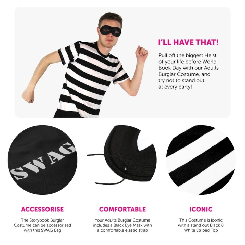 image 1 of Storybook Burglar Costume - Short Sleeve Top, Mask & Swag Bag Black | 2XL
