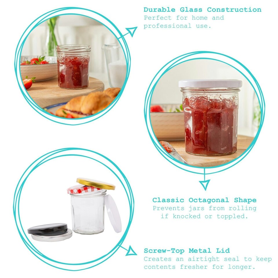 image 1 of Argon Tableware Glass Jam Jars with Green Gingham Lids - 250ml - Pack of 6