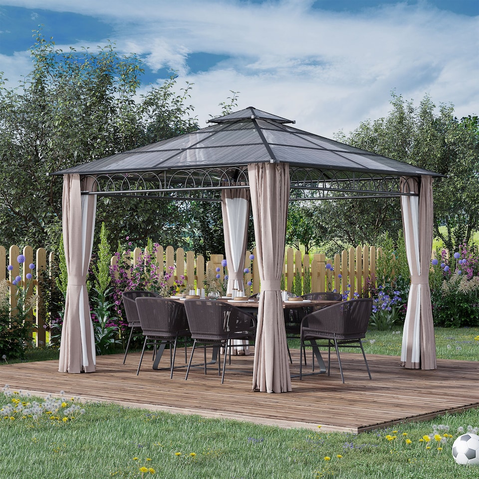 image 1 of Outsunny 3 x 3 m Outdoor Polycarbonate Gazebo Double Roof Hard Top Gazebo with Galvanised Steel Frame Nettings Curtains for Garden Lawn Patio and Deck Khaki