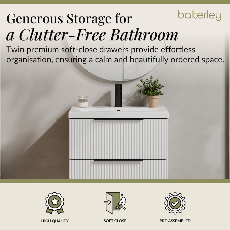 image 1 of Balterley Fluted Front Wall Hung 2-Drawer Bathroom Vanity Unit with 1 Tap Hole Basin, Handles | White | Satin White