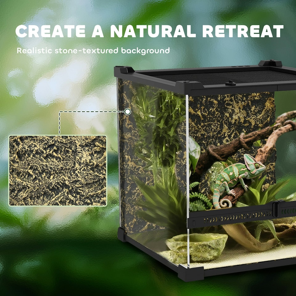 image 1 of PawHut 24L Glass Terrarium, Reptile Vivarium with Stone Background, Black