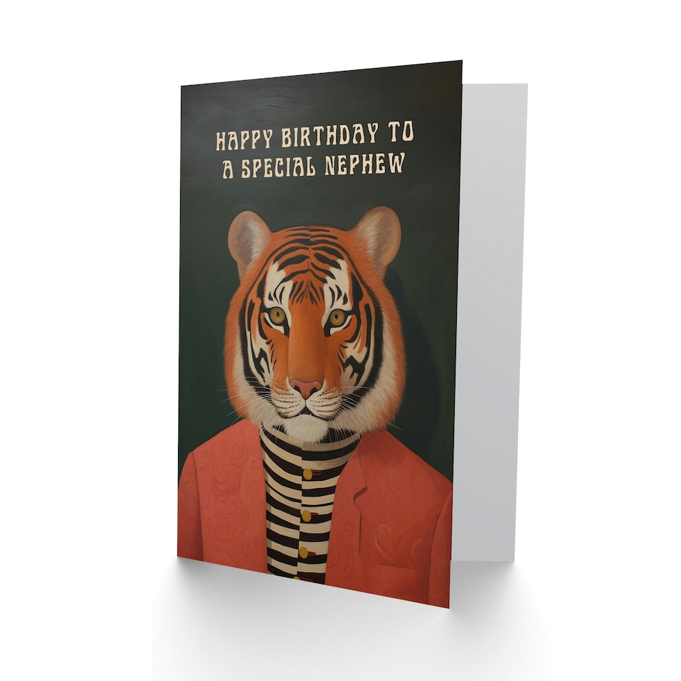 image 1 of Special Dapper Cool Hipster Fashion Fun Tiger Nephew Birthday Card