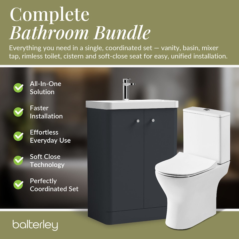 image 1 of Floor 2 Door Bathroom Vanity Unit, Tap & Toilet Pack, Dark Grey, 579mm | Grey | Satin Soft Black