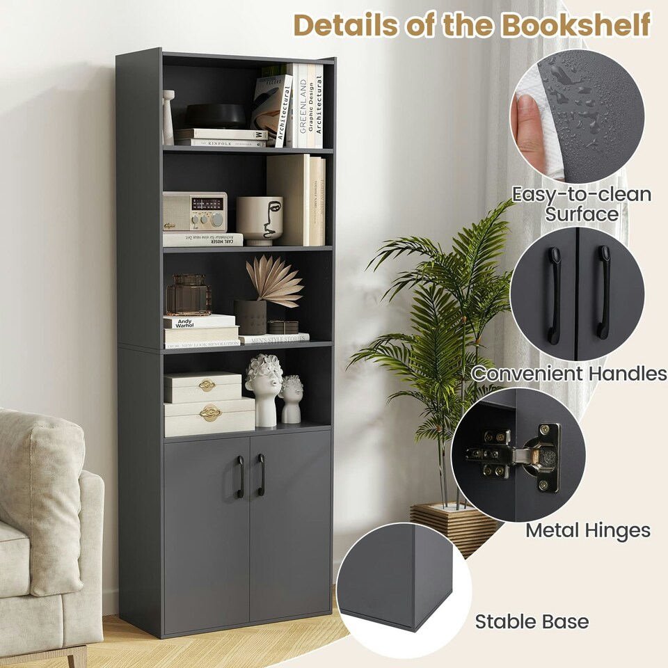 image 1 of COSTWAY 178 CM Bookcase 6-tier Modern Style Storage Grey Grey