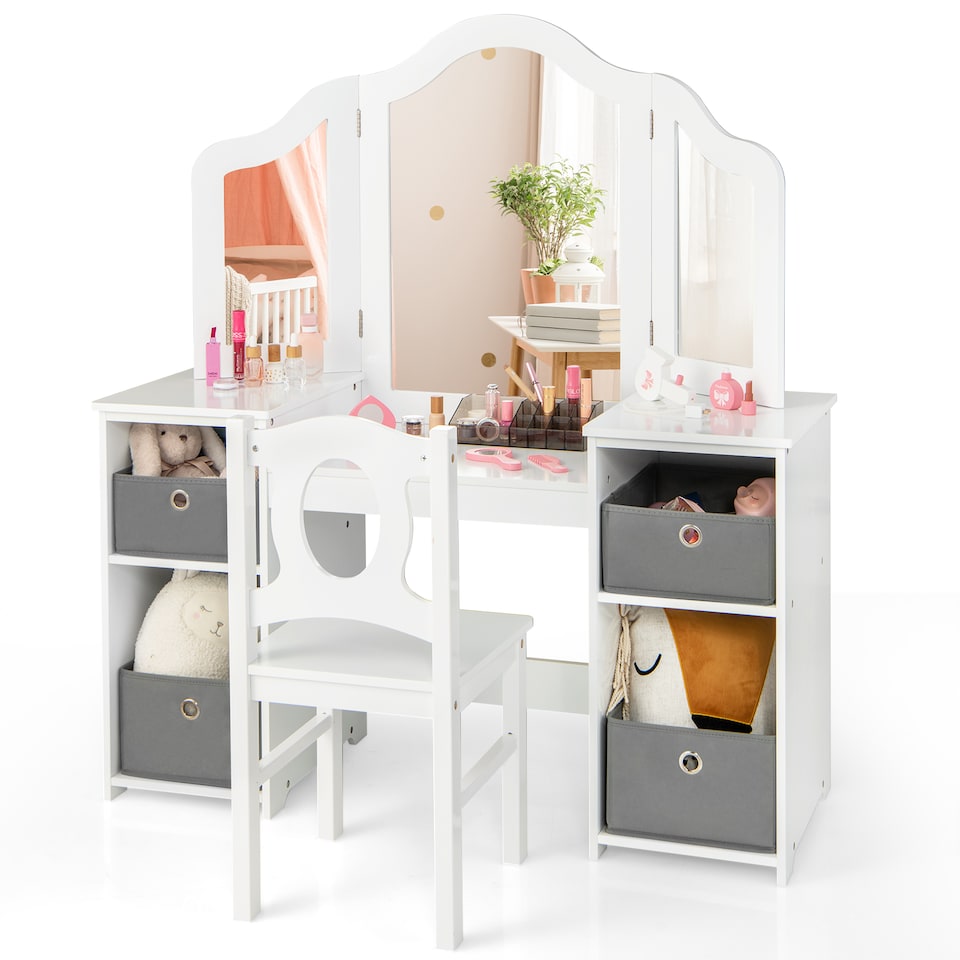 image 1 of COSTWAY Kids Vanity Desk & Chair 2 in 1 Makeup Pretend White